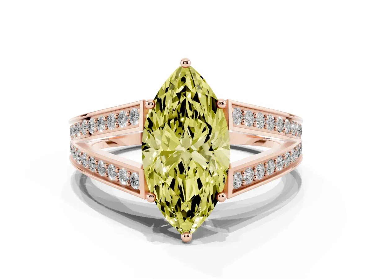 Fancy Yellow Marquise Cut Diamond Split Shank Ring with Pavé Band and Four-Prong Setting Rose gold