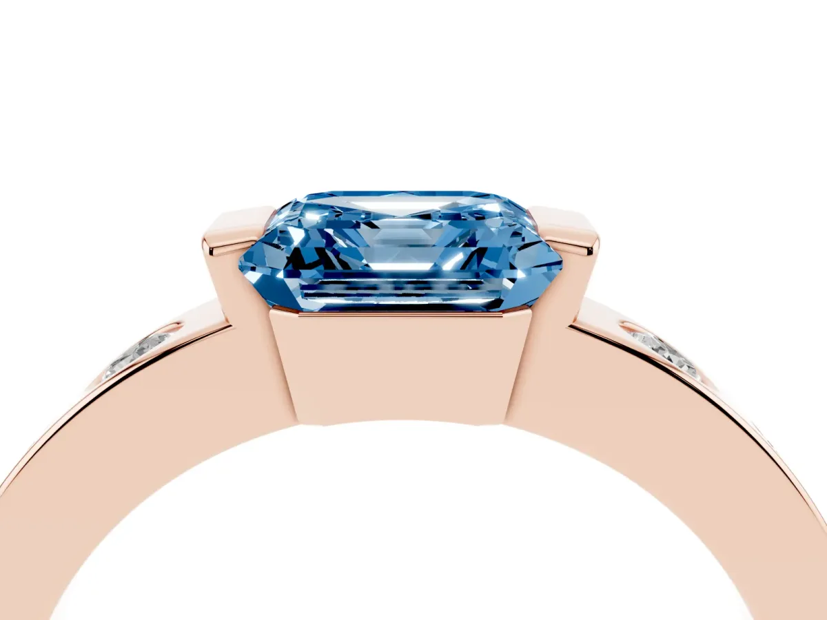 Fancy Blue Asscher Cut Brilliant Channel-Set Diamond Ring with Bezel Prong Setting Rose gold