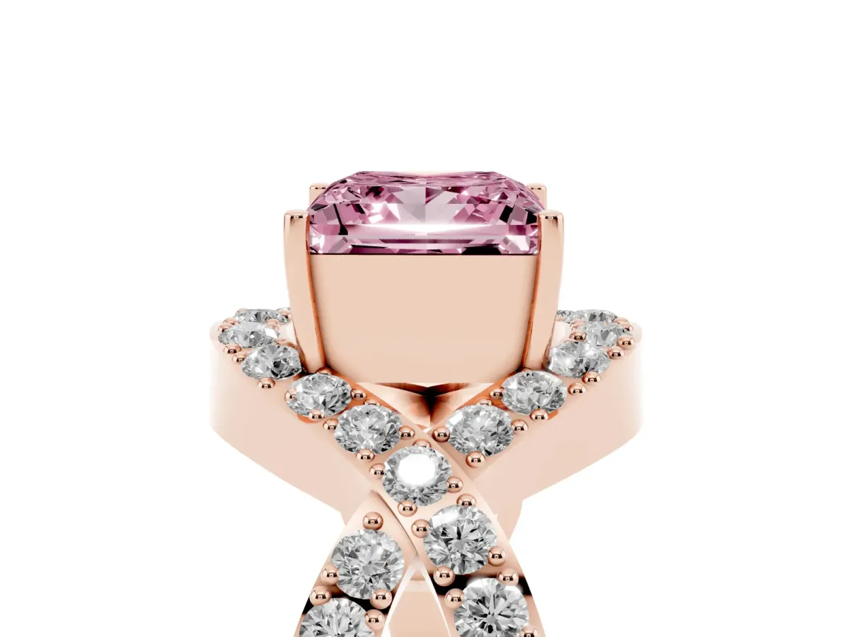 Fancy Pink Princess Cut Solitaire Twist Band Pavé Diamond Engagement Ring Rose gold
