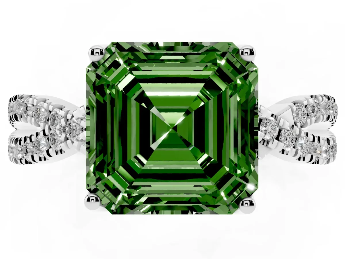 Fancy Green Asscher Cut Solitaire Twist Pave Diamond Engagement Ring with Prong Setting Silver