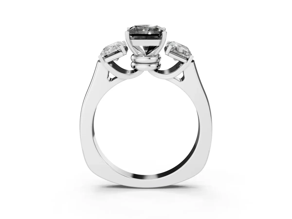 Fancy Black Three-Stone Radiant Cut Brilliant Diamond Trellis Ring with Comfort Fit Band Platinum