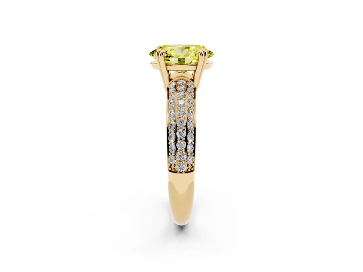 Fancy Yellow Oval Cut Diamond Solitaire Ring with Multi-Row Round Pavé Band and Prong Setting Yellow gold