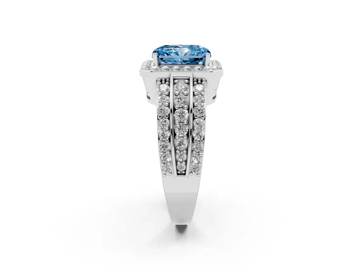 Fancy Blue Radiant Cut Halo Diamond Ring with Round Split Shank and Prong Setting Silver
