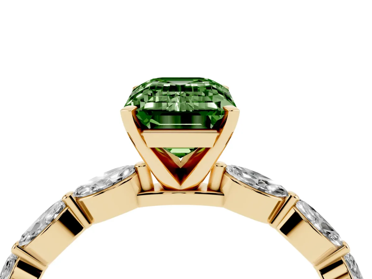 Fancy Green Emerald Cut Diamond Ring with Marquise Side Stones and Prong Setting Yellow gold