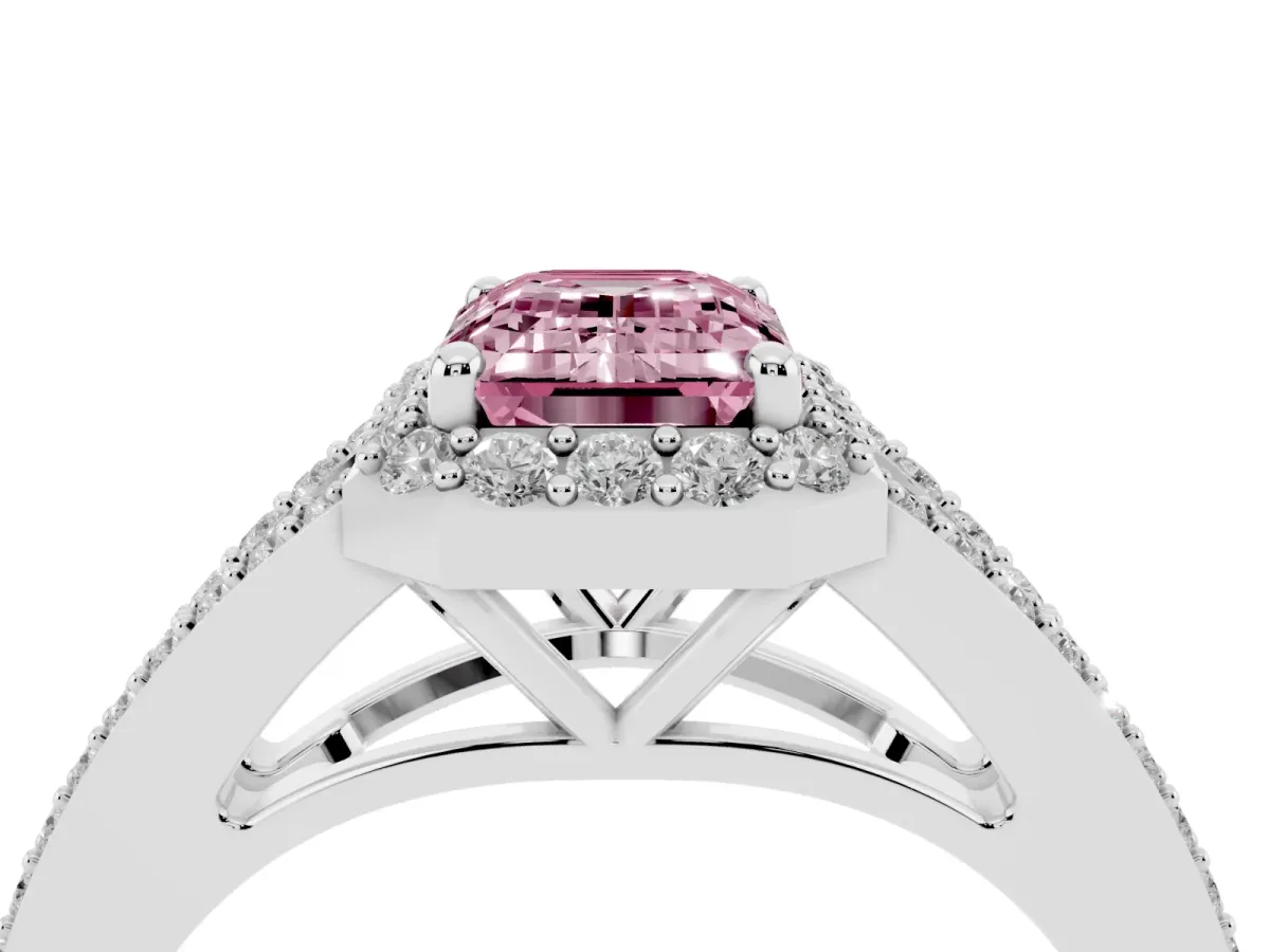 Fancy Pink Emerald Cut Halo Split Shank Pave Diamond Ring with Four-Prong Setting Silver