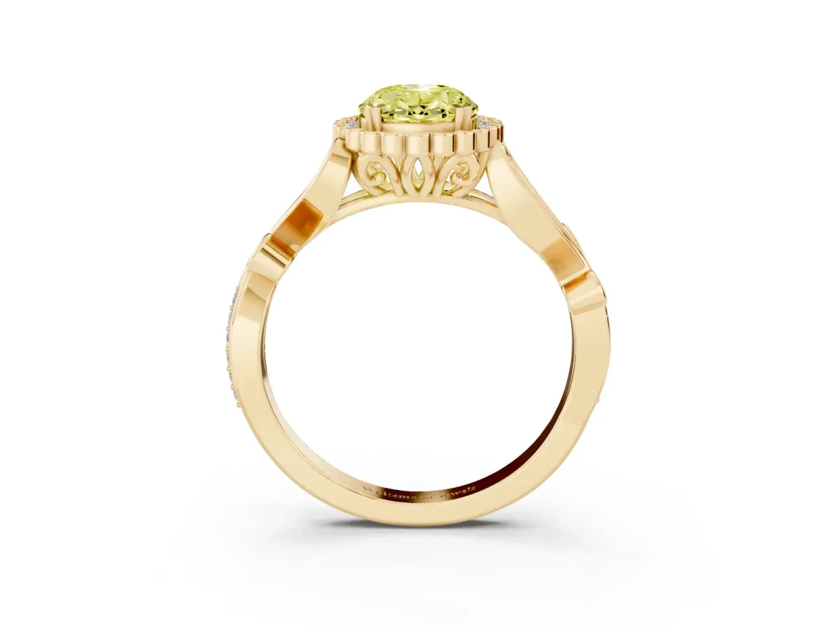 Fancy Yellow Oval Cut Diamond Halo Ring with Vintage Split Shank and Four-Prong Setting Yellow gold