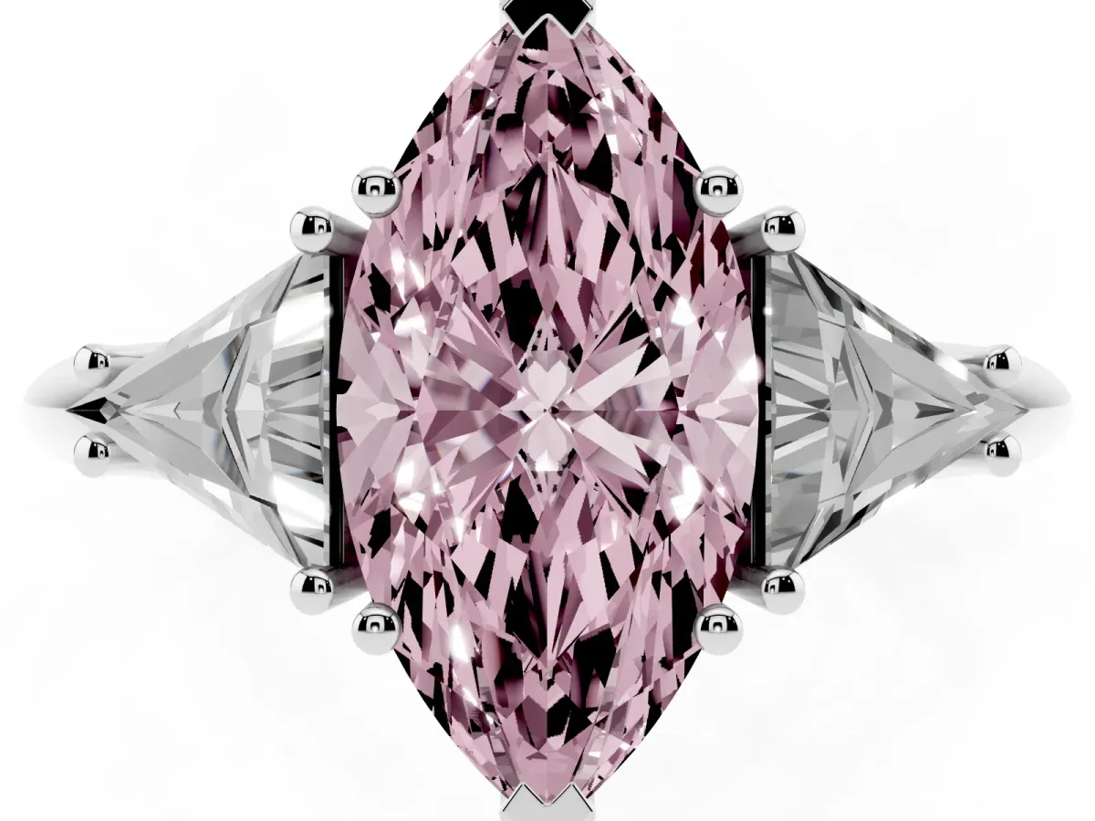 Fancy Pink Three-Stone Marquise Cut Diamond Engagement Ring with Trillion Side Stones and Prong Setting Silver