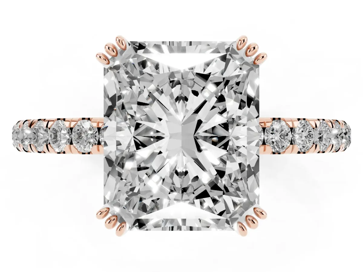 Radiant Cut Brilliant Solitaire with Pavé Band and Claw Prong Setting Rose gold