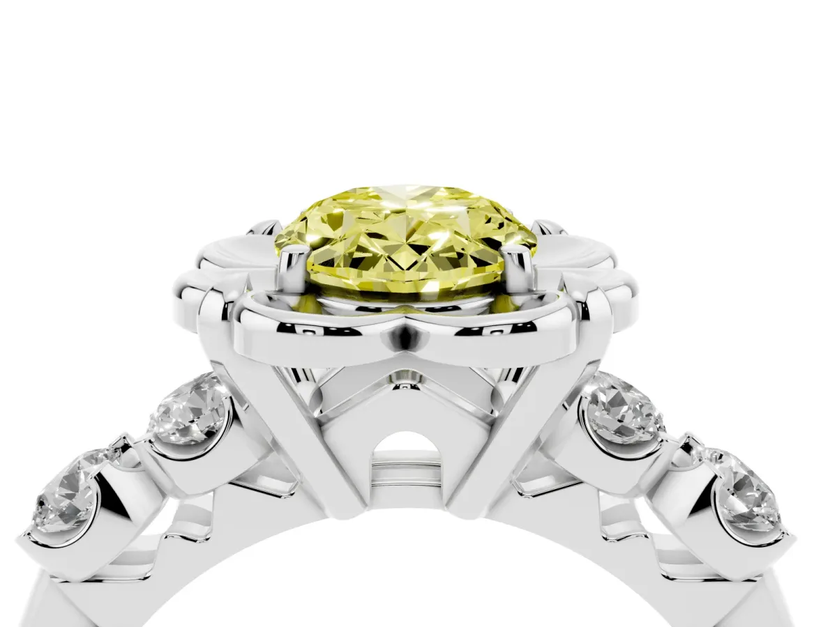 Fancy Yellow Oval Cut Cut Diamond Floral Halo Engagement Ring with Shared Prong Setting Silver