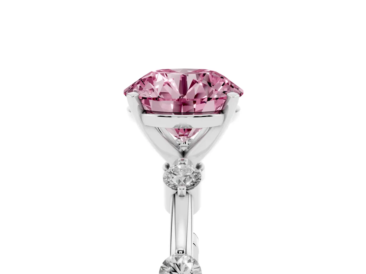 Fancy Pink Round Cut Solitaire Diamond Ring with Bezel Set Side Stones and Prong Setting Silver