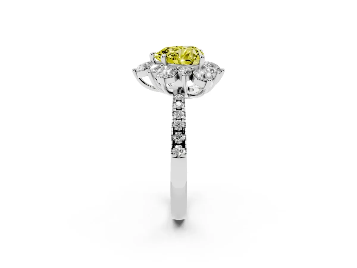 Fancy Yellow Heart Cut Diamond Floral Halo Ring with Round Pavé Band and Prong Setting Silver
