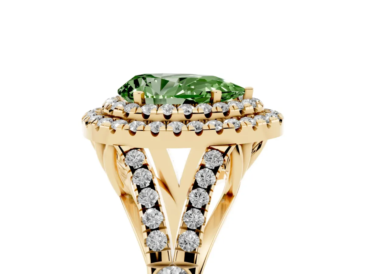 Fancy Green Pear Cut Diamond Double Halo Ring with Split Shank and Prong Setting Yellow gold