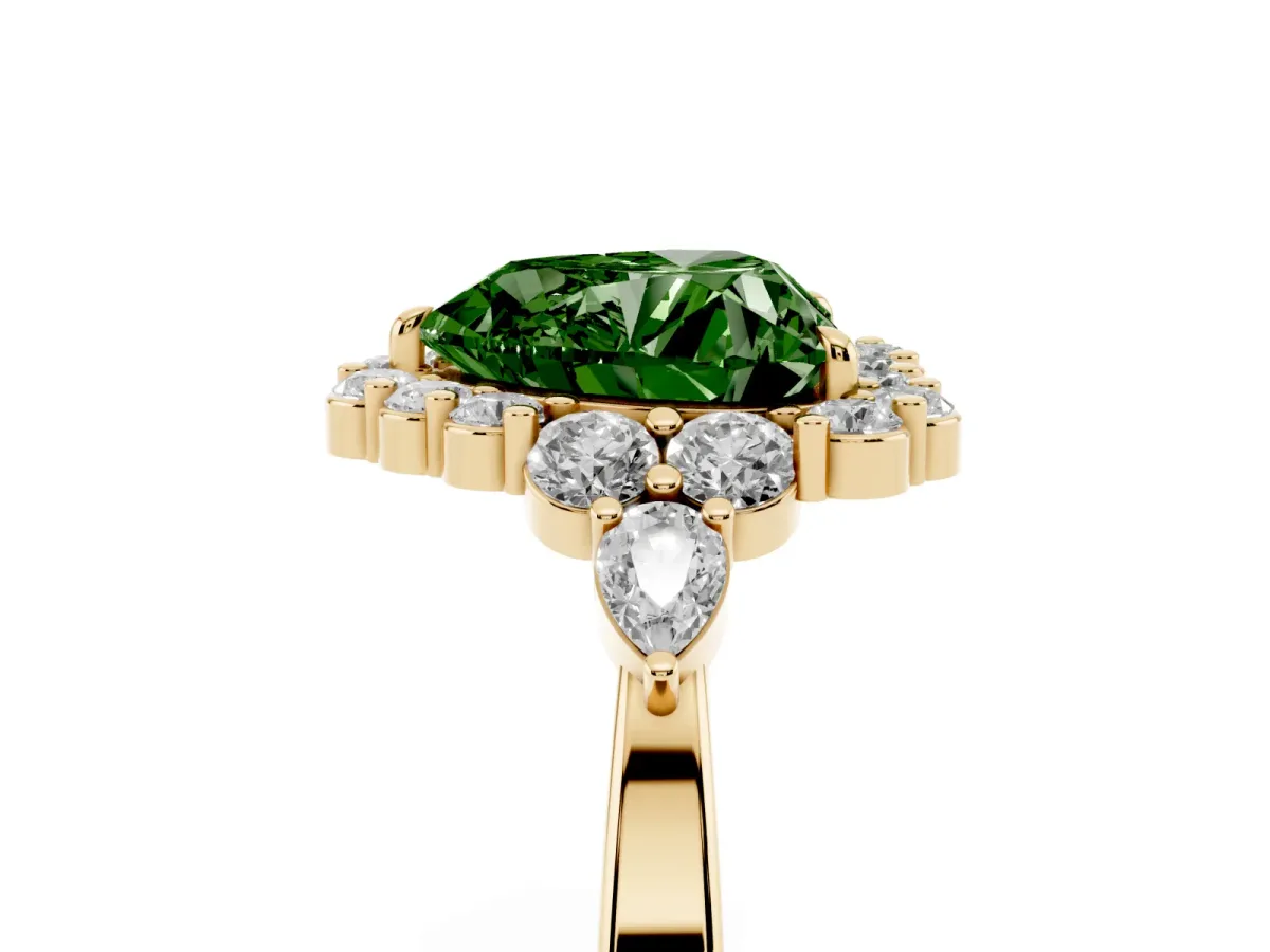 Fancy Green Heart Cut Diamond Halo Ring with Pear Side Stones and Prong Setting Yellow gold