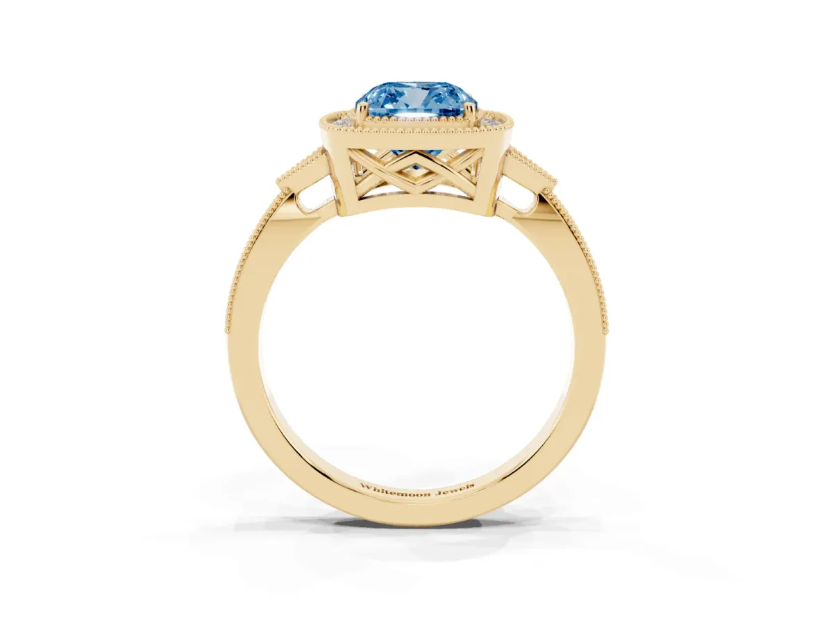 Fancy Blue Cushion Cut Halo Round Diamond Milgrain Pave Engagement Ring Yellow gold