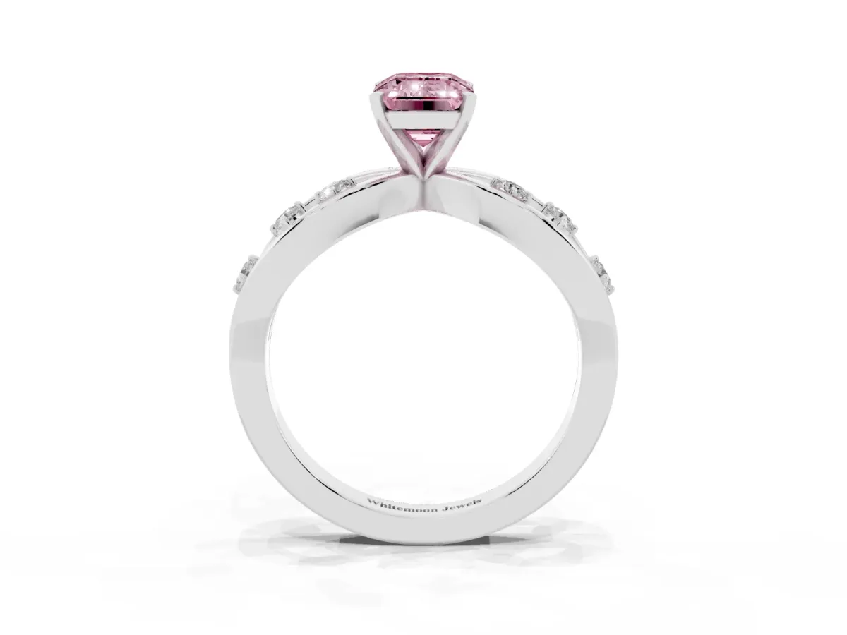 Fancy Pink Emerald Cut Cut Solitaire Diamond with Side Stones on Criss-Cross Band and Four-Prong Setting Silver