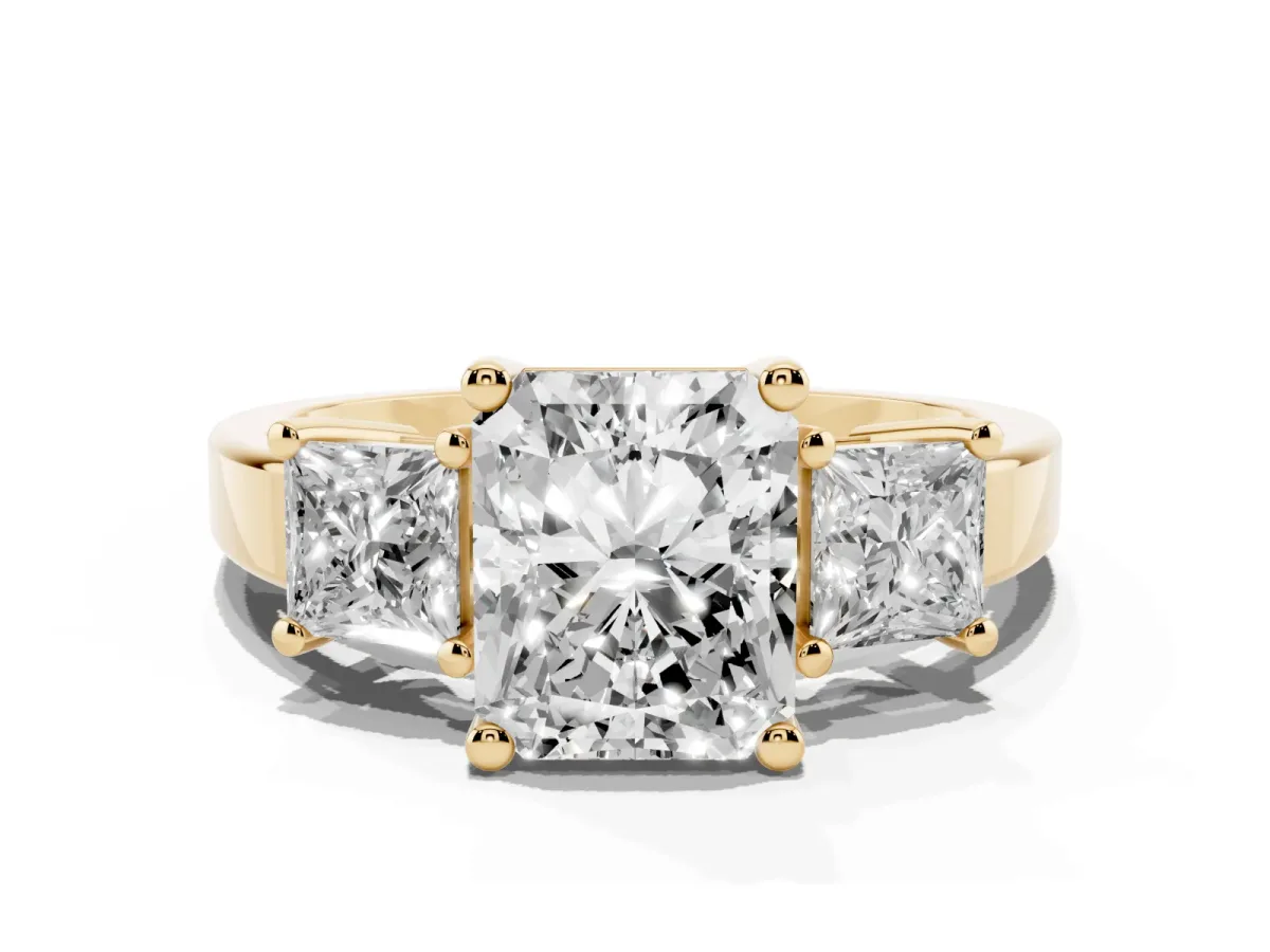 Three-Stone Radiant Cut Cut Solitaire Ring with Prong Setting Yellow gold