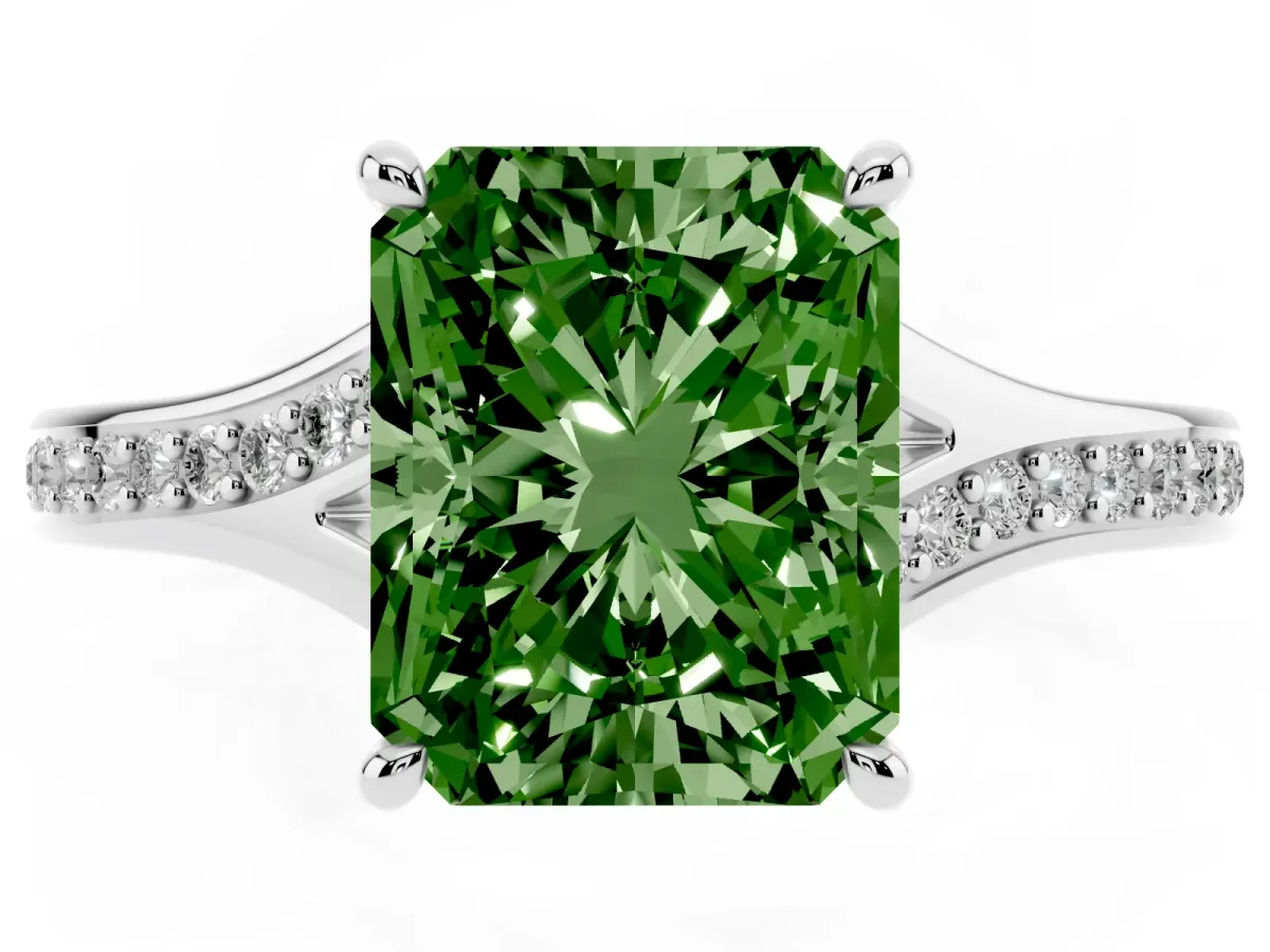 Fancy Green Radiant Cut Diamond Solitaire Ring with Pavé Band and Prong Setting Silver