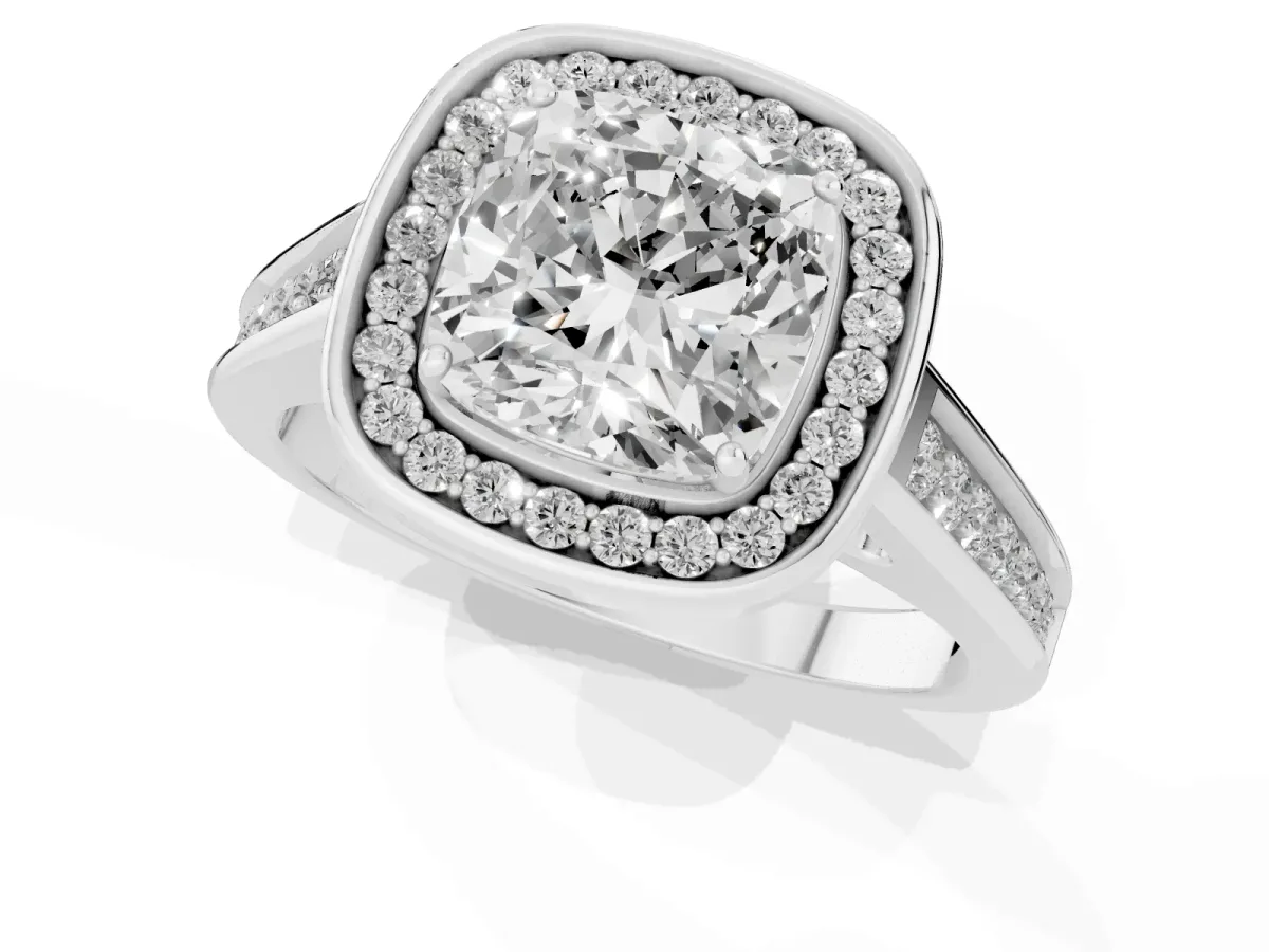 Cushion Cut Halo Solitaire Diamond Ring with Pave Band and Bezel Setting Silver