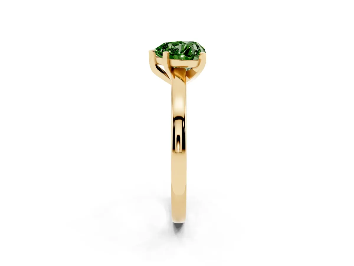 Fancy Green Heart Cut Solitaire Diamond Engagement Ring with Four-Prong Setting on a Classic Band Yellow gold
