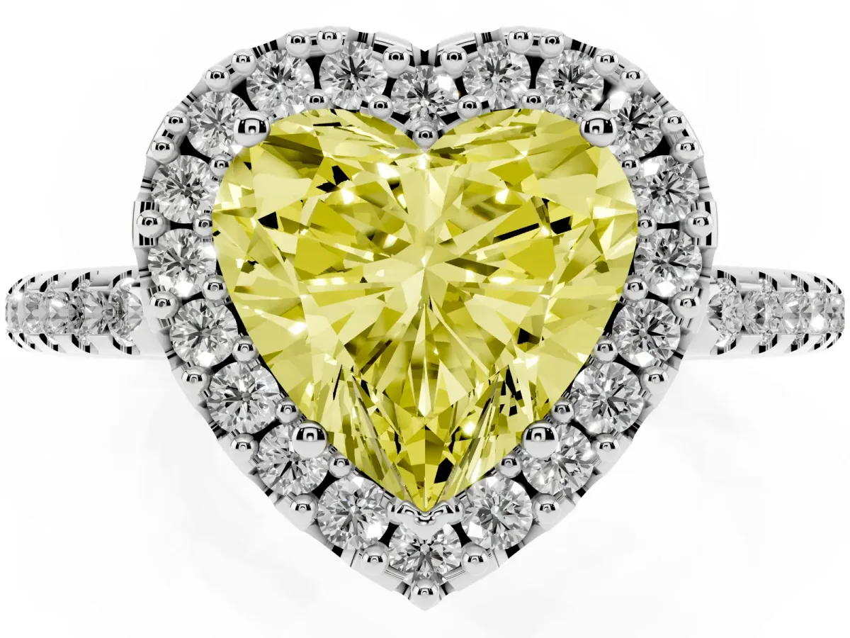 Fancy Yellow Heart Cut Diamond Pavé Halo Ring with Four-Prong Setting Silver