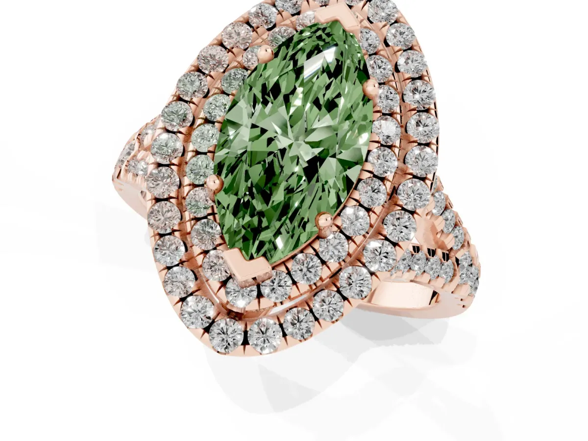 Fancy Green Double Halo Marquise Cut Diamond Pavé Split Shank Ring with Prong Setting Rose gold