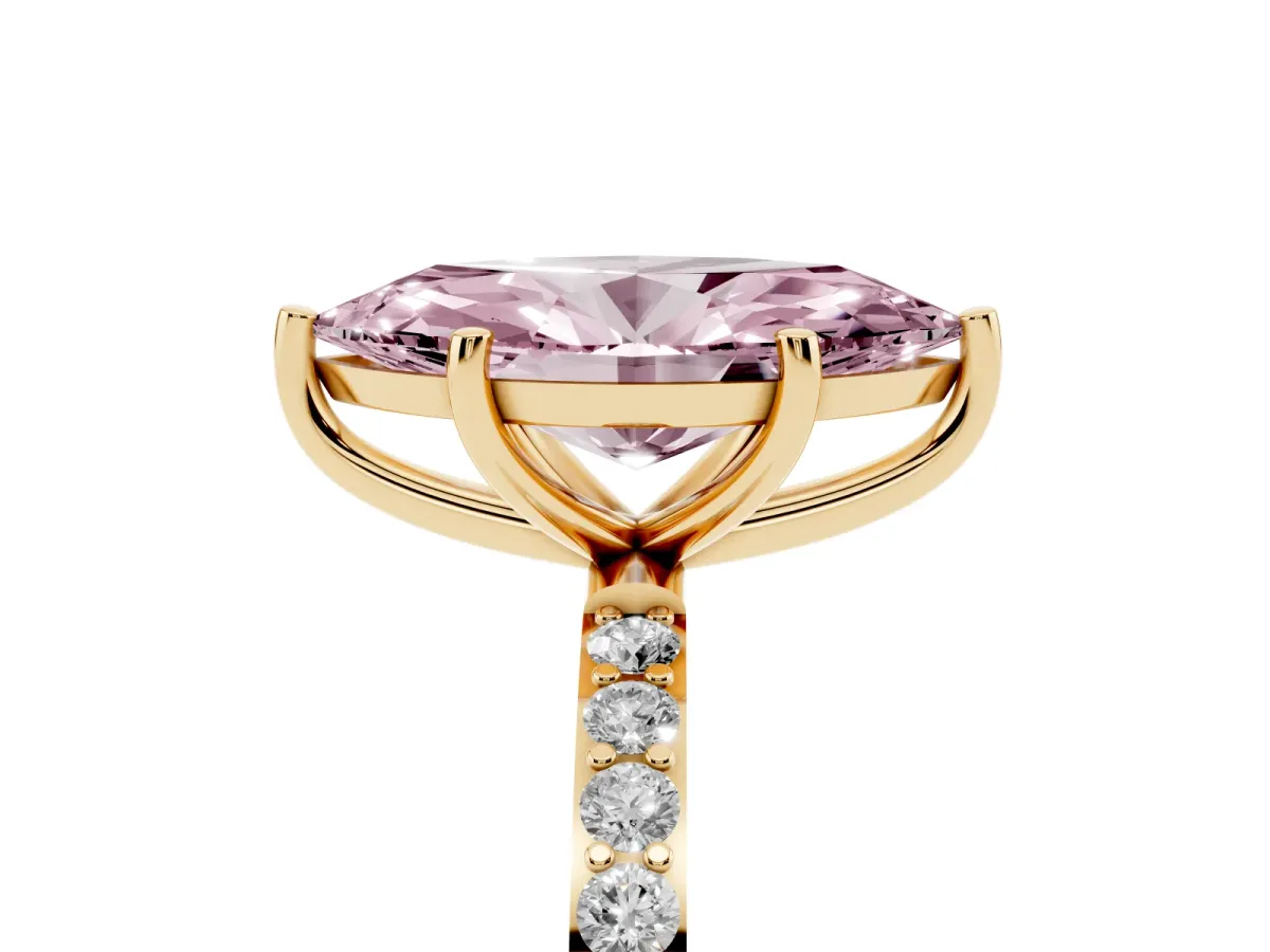 Fancy Pink Marquise Cut Diamond Solitaire Ring with Round Pavé Shoulders and Prong Setting Yellow gold