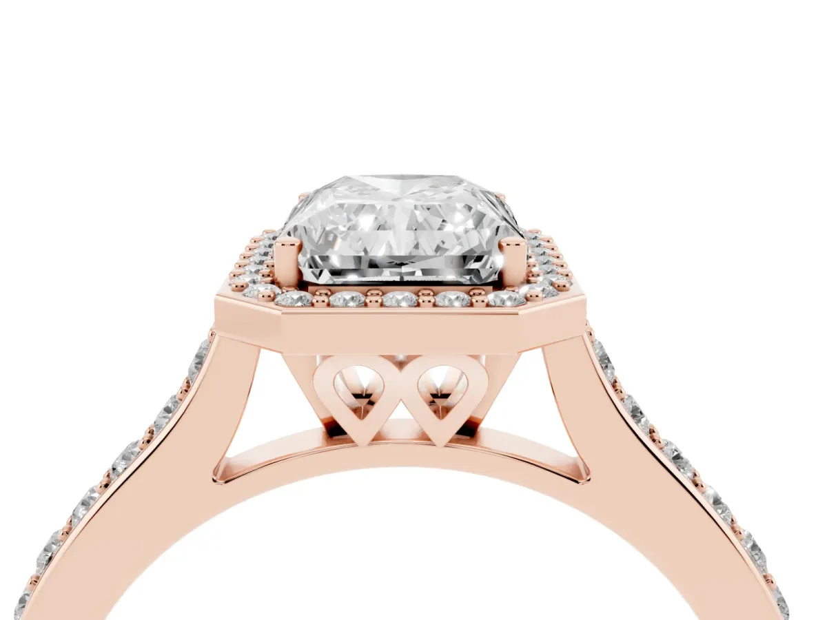 Radiant Cut Diamond Halo Engagement Ring with Round Pavé Shoulders and Prong Setting Rose gold