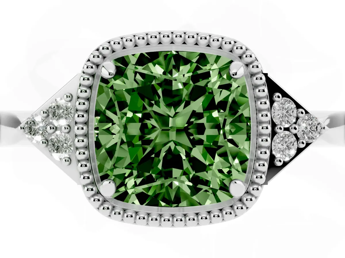 Fancy Green Cushion Cut Diamond Halo Ring with Tapered Band and Four-Prong Setting White gold