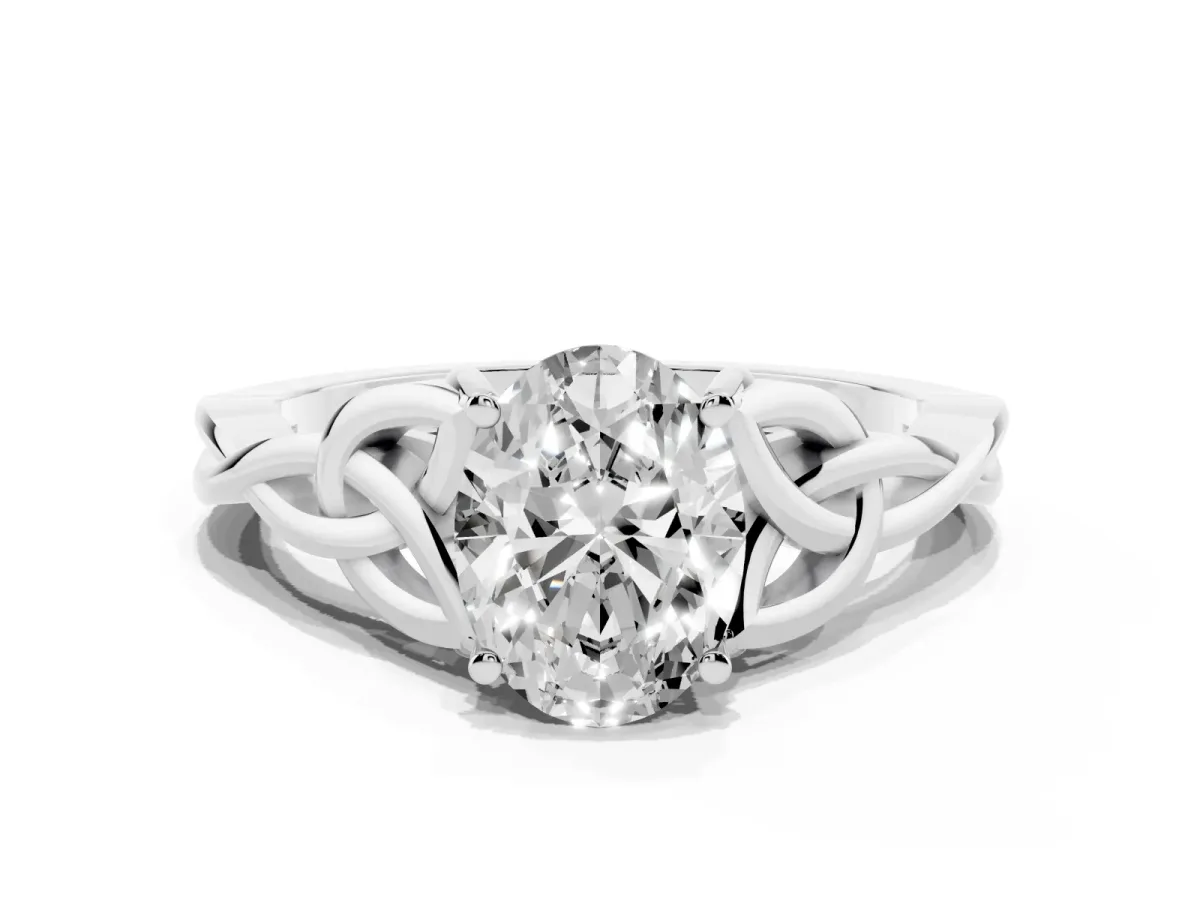 Oval Cut Diamond Solitaire Engagement Ring with Celtic Knot Band and Four-Prong Setting White gold