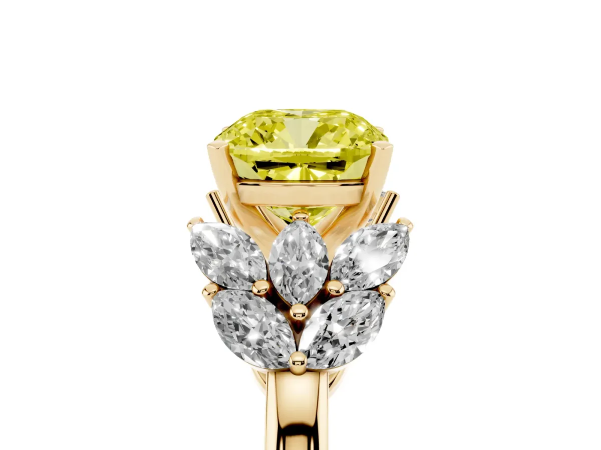 Fancy Yellow Cushion Cut Diamond Cluster Leaf Design Ring with Prong Setting Yellow gold