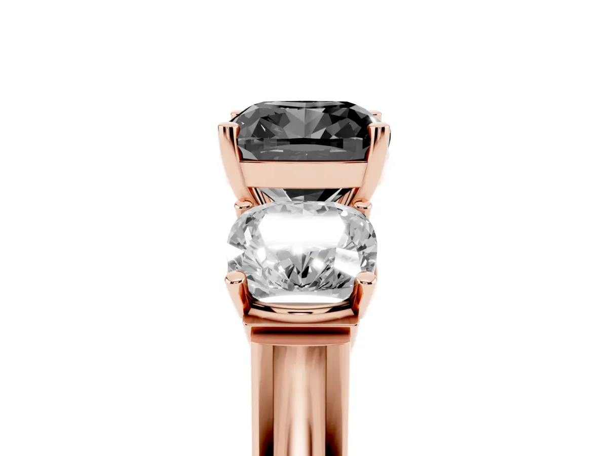 Fancy Black Three-Stone Cushion Cut Brilliant Diamond Trellis Ring with Comfort Fit Band Rose gold