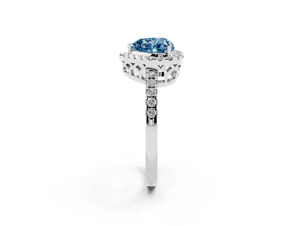 Fancy Blue Heart Cut Halo Diamond Engagement Ring with Pavé Band and Four-Prong Setting Platinum