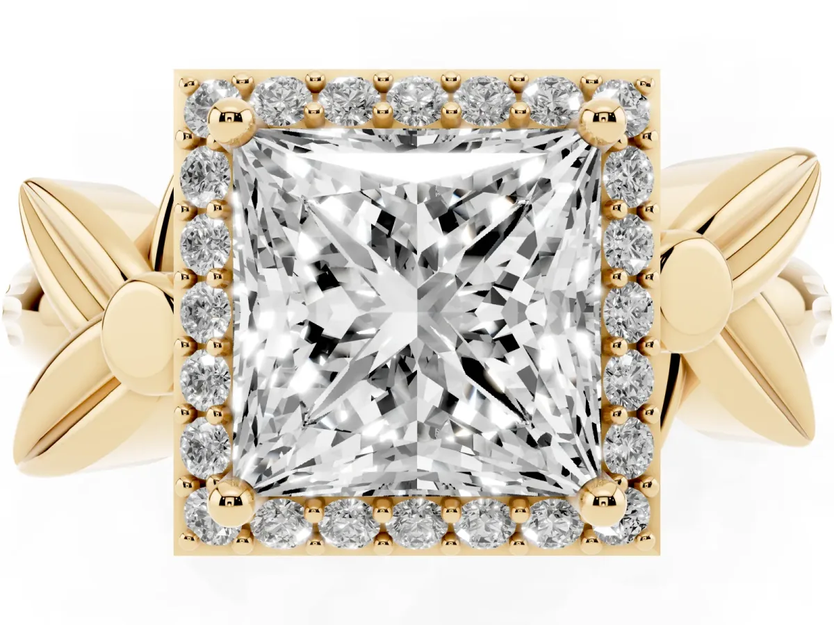 Princess Cut Halo Diamond Floral Band with Four-Prong Setting Yellow gold