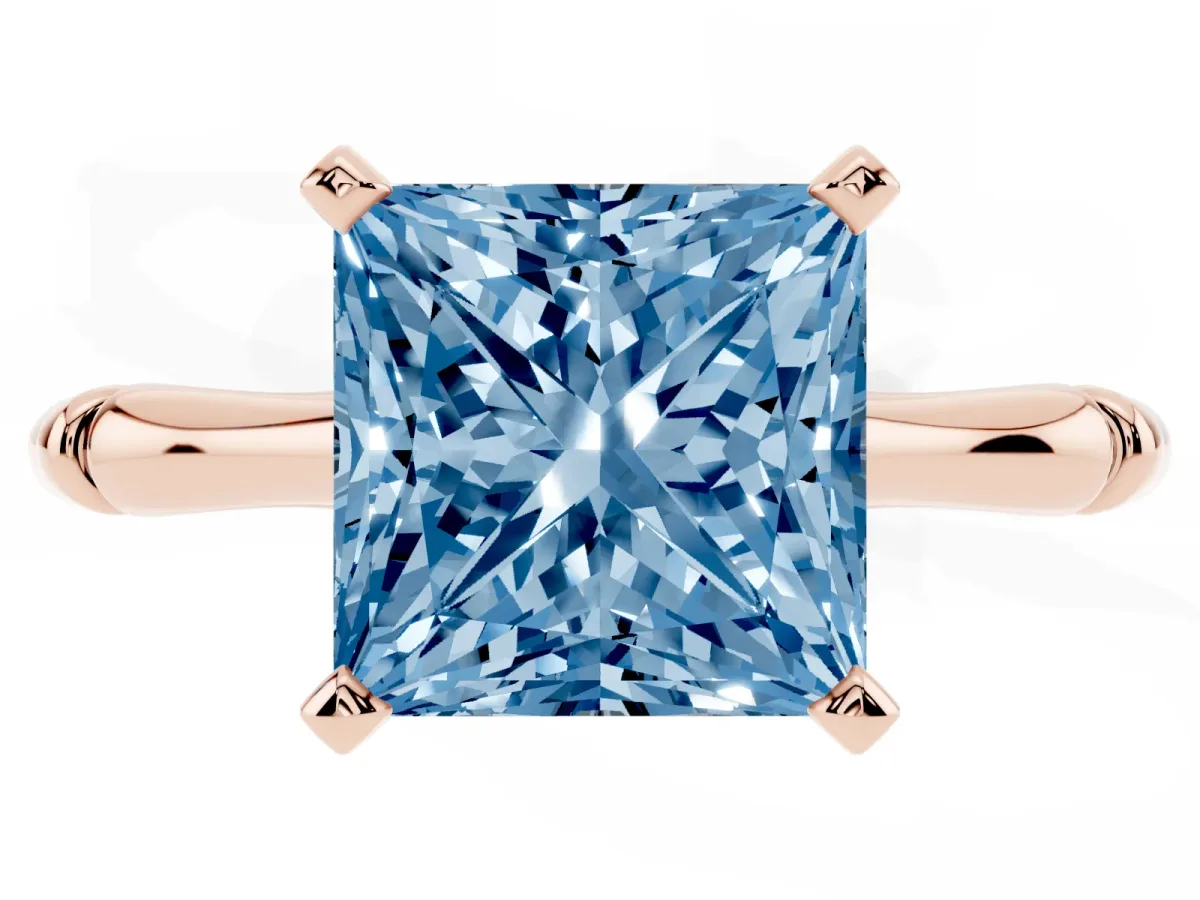 Fancy Blue Princess Cut Solitaire Diamond Ring with Bamboo Band and Four-Prong Setting Rose gold