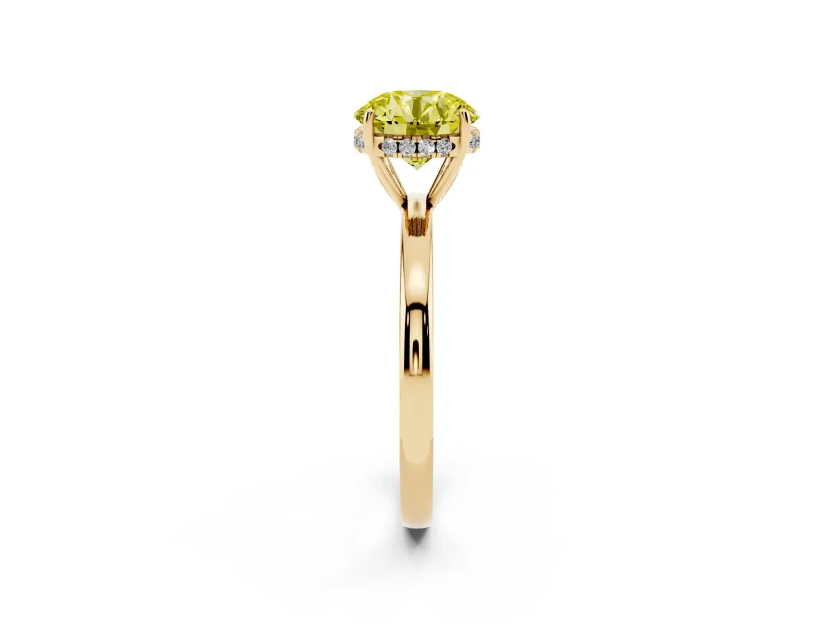 Fancy Yellow Round Cut Solitaire Diamond Ring with Prong Setting and Plain Band Yellow gold