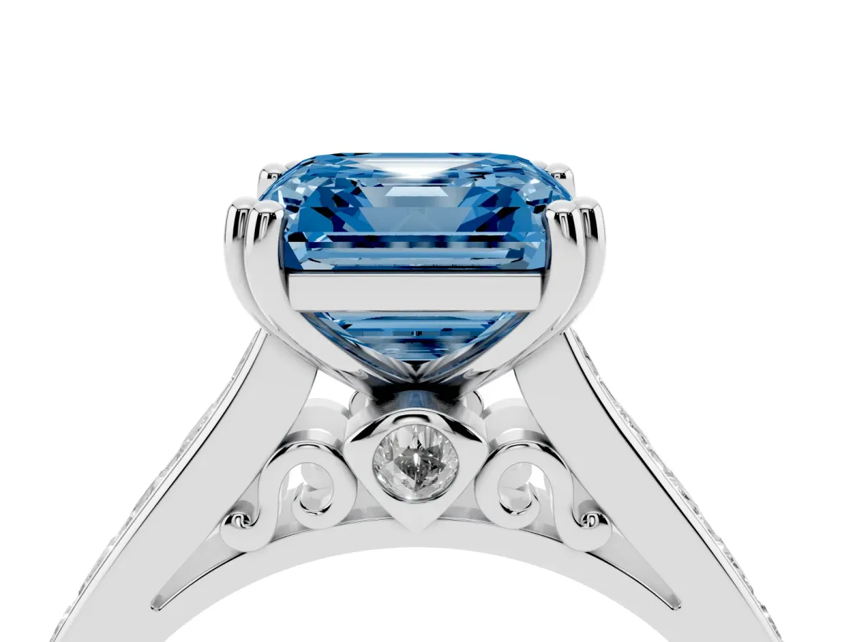 Fancy Blue Asscher Cut Cut Channel Set Solitaire Engagement Ring with Prong Setting Silver