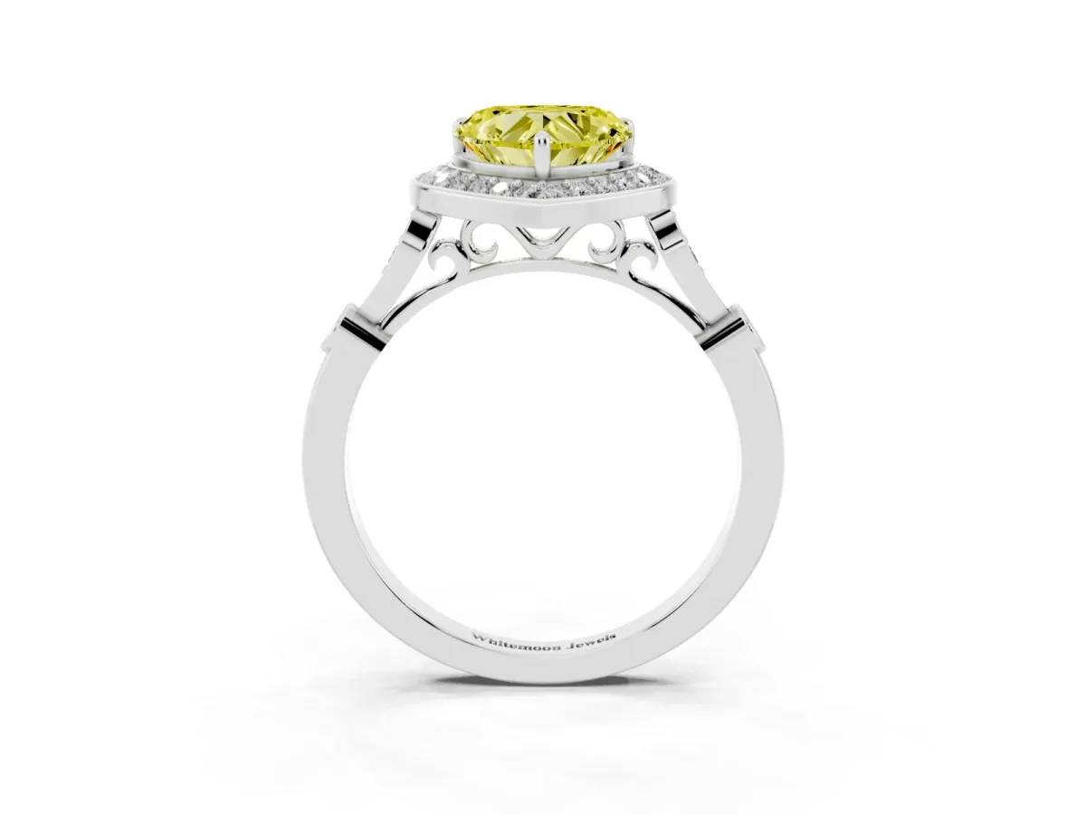 Fancy Yellow Heart Cut Halo Diamond Engagement Ring with Twisted Band and Four-Prong Setting Silver