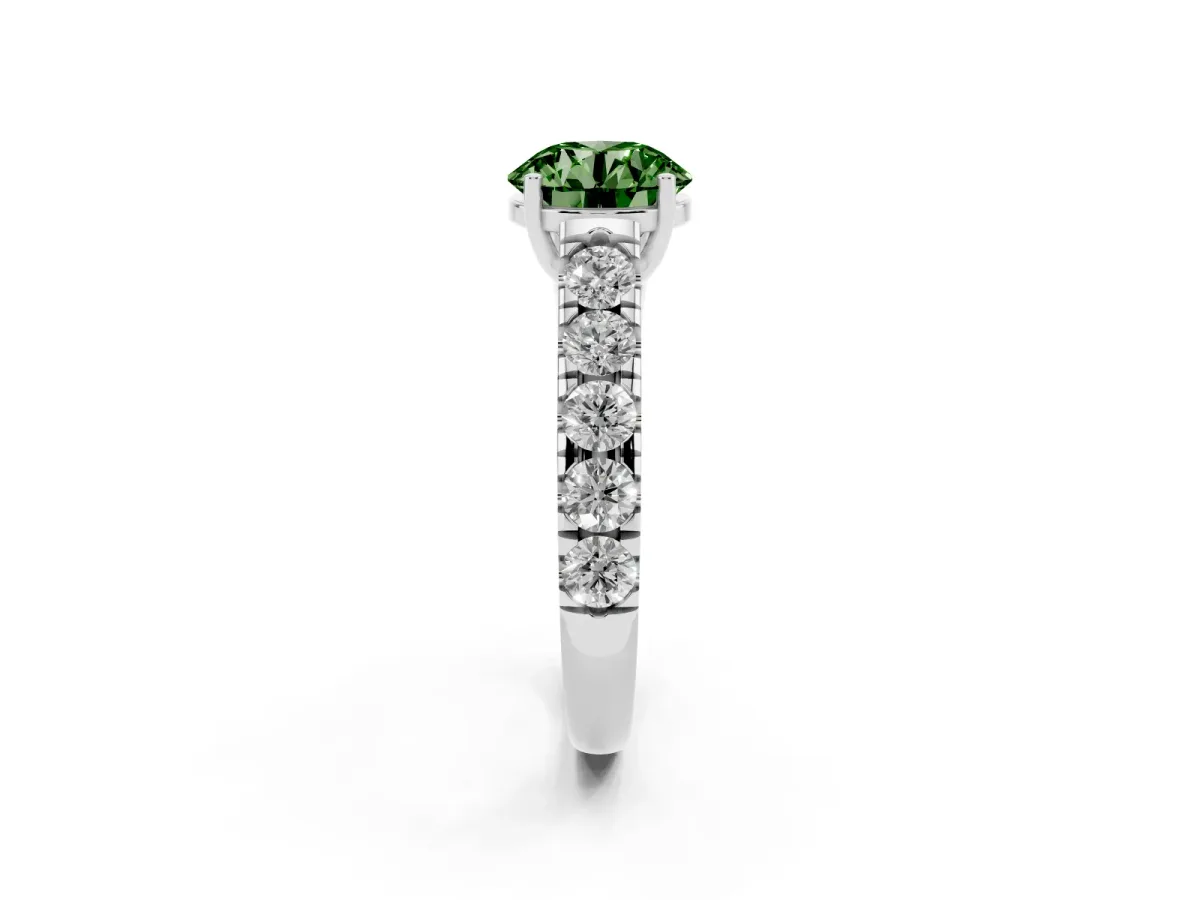 Fancy Green Round Cut Cut Diamond Solitaire Ring with Micro Pave Band and Prong Setting Silver