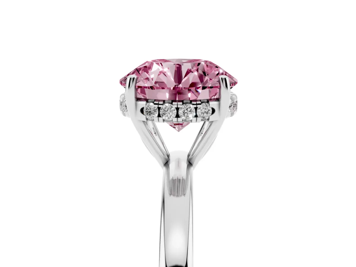 Fancy Pink Round Cut Solitaire Diamond Ring with Prong Setting and Plain Band Silver