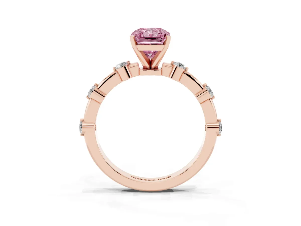Fancy Pink Radiant Cut Solitaire Diamond Ring with Bezel Set Side Stones and Prong Setting Rose gold