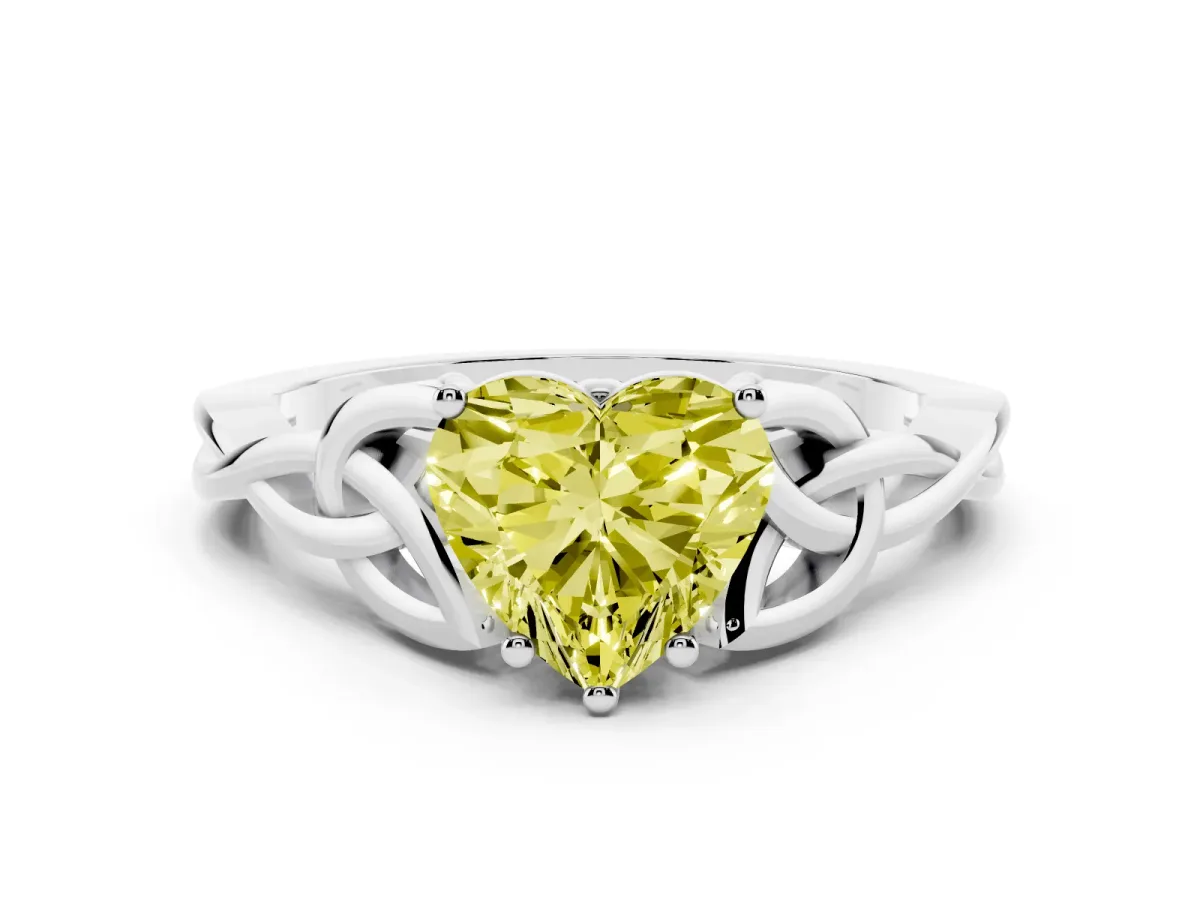 Fancy Yellow Heart Cut Diamond Solitaire Engagement Ring with Celtic Knot Band and Four-Prong Setting White gold