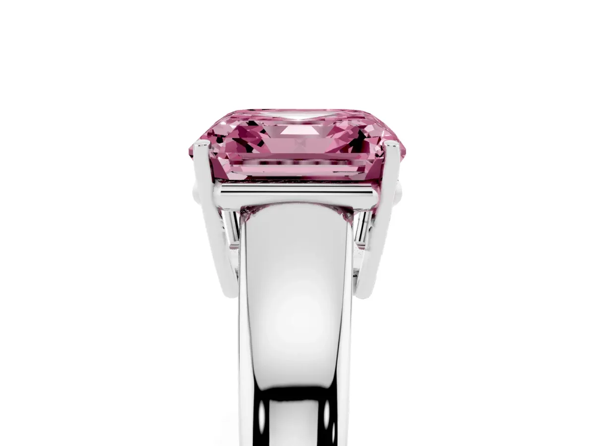 Fancy Pink Asscher Cut Solitaire Diamond Ring with Tapered Band and Four-Prong Setting Silver