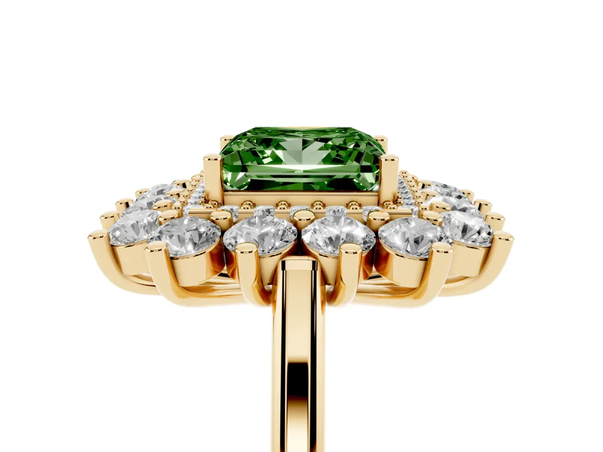 Fancy Green Princess Cut Diamond Floral Double Halo Engagement Ring with Prong Setting Yellow gold