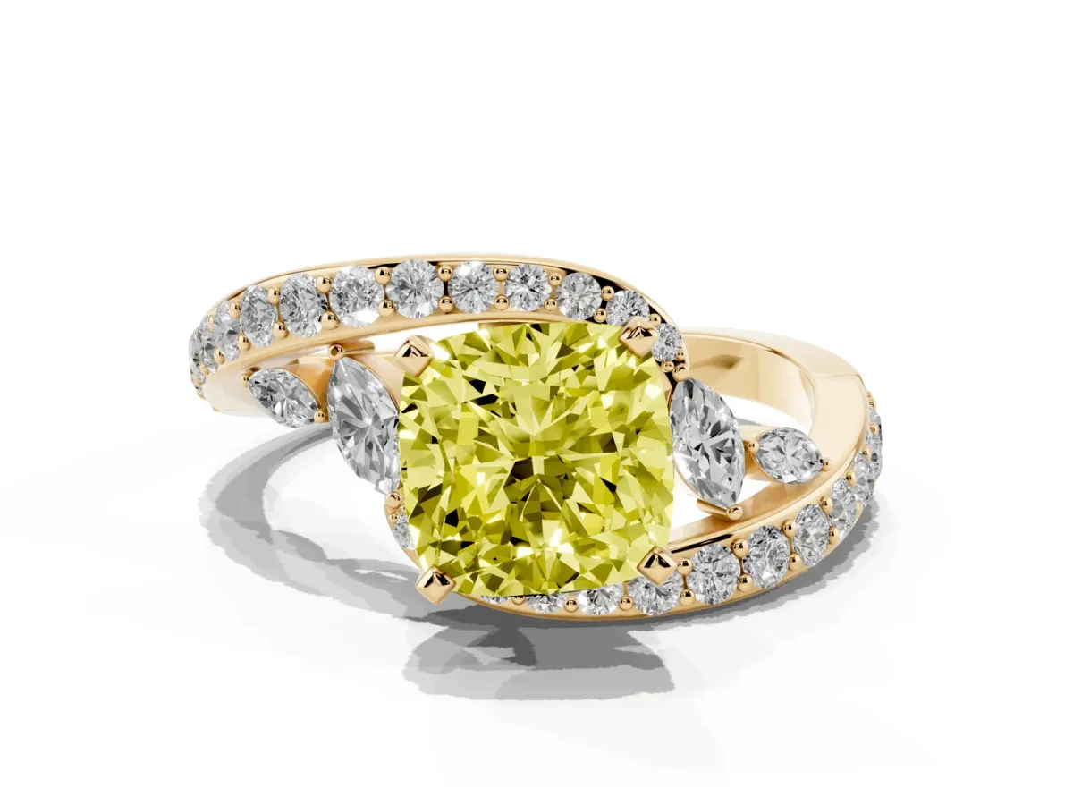 Fancy Yellow Cushion Cut Solitaire with Pavé Twist Band and Four-Prong Setting Yellow gold