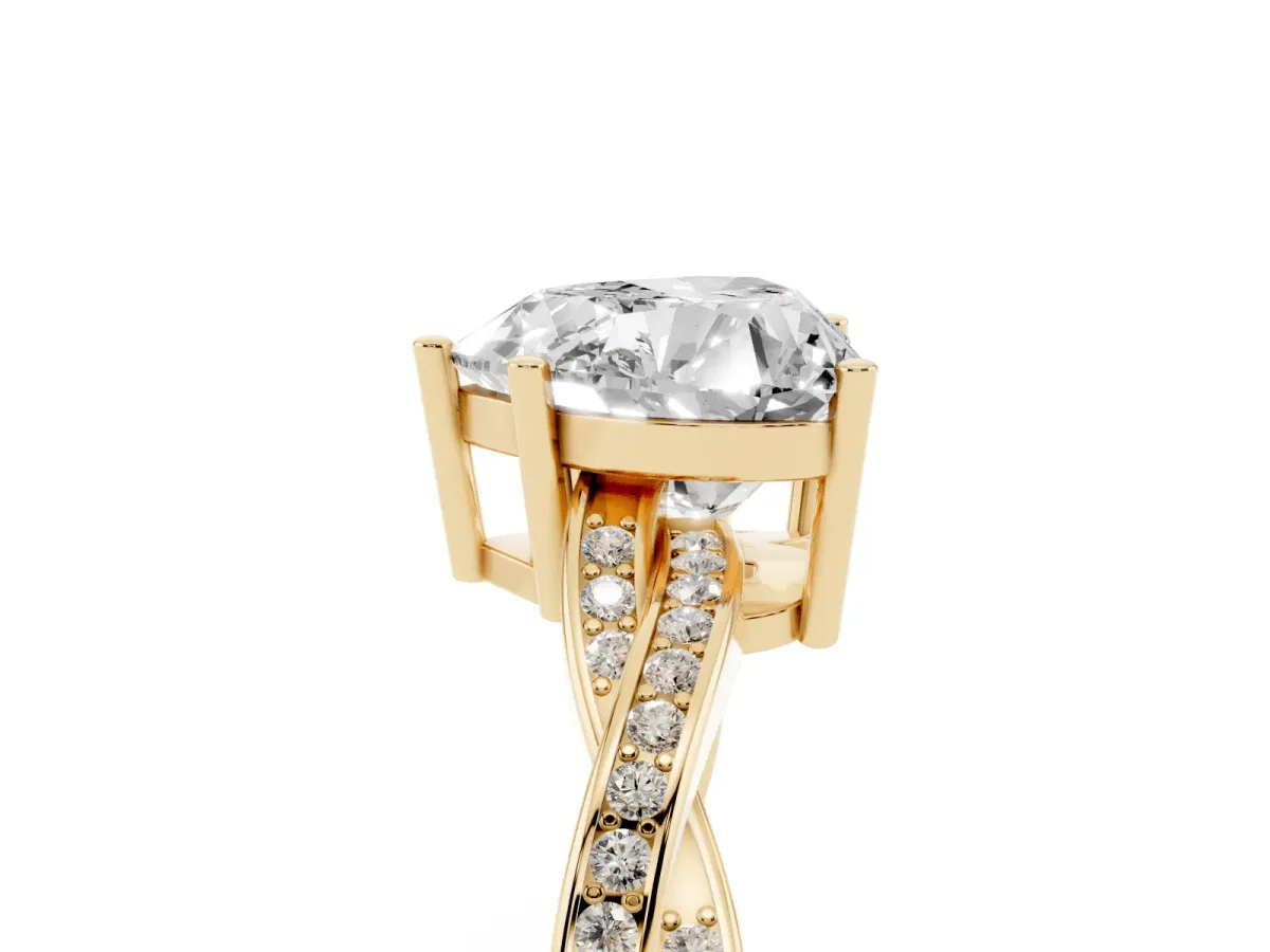 Heart Cut Solitaire Twisted Pave Diamond Ring with Four-Prong Setting Yellow gold