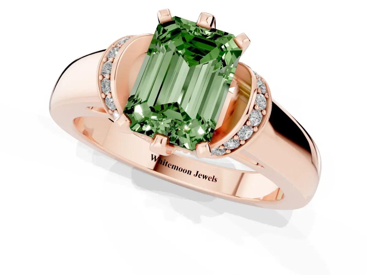 Fancy Green Emerald Cut Solitaire Diamond Ring with Pave Band and Six-Prong Setting Rose gold