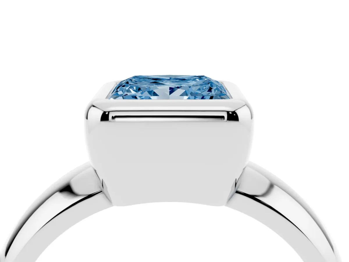 Fancy Blue Bezel Set Princess Cut Solitaire Ring with Wide Band Silver
