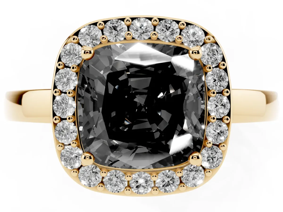 Fancy Black Cushion Cut Halo Diamond Ring with Solitaire Band and Prong Setting Yellow gold
