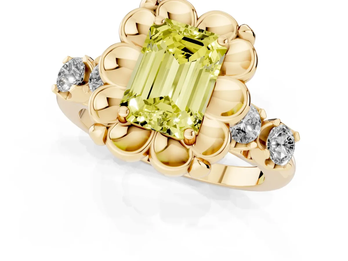 Fancy Yellow Emerald Cut Cut Diamond Floral Halo Engagement Ring with Shared Prong Setting Yellow gold
