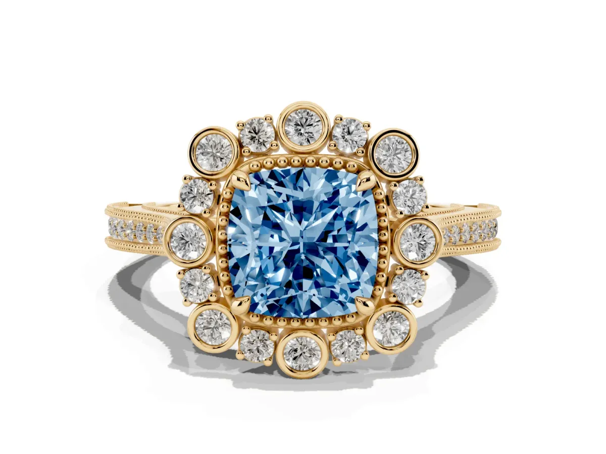 Fancy Blue Cushion Cut Halo Milgrain Pave Diamond Ring with Four-Prong Setting Yellow gold